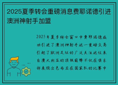 2025夏季转会重磅消息费耶诺德引进澳洲神射手加盟